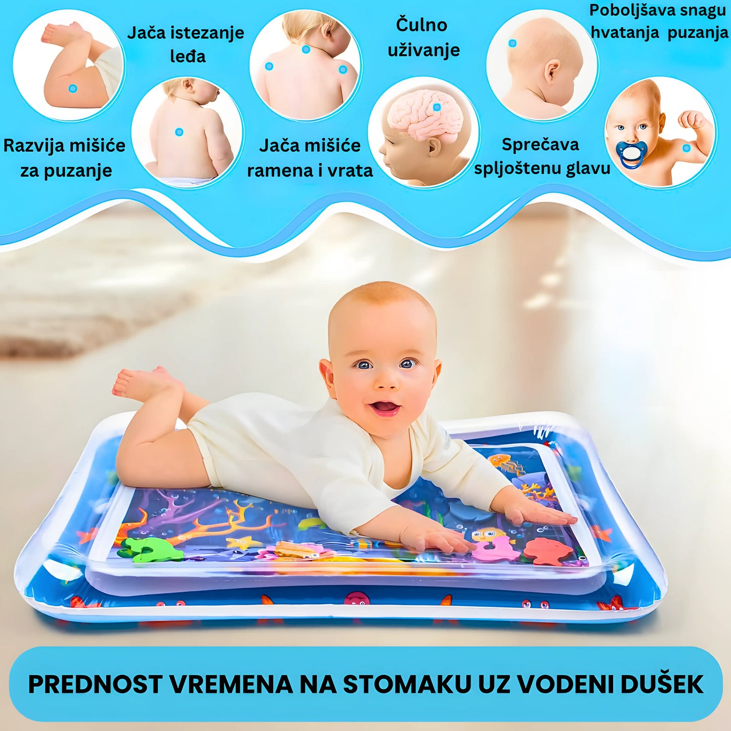 Beba na stomaku uz vodenu podlogu - tummy time