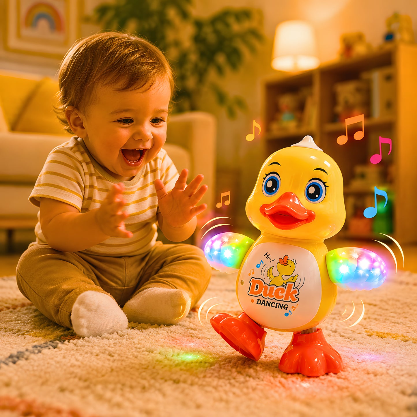 Razigrano pače igračka u pokretu, svetli i svira muziku